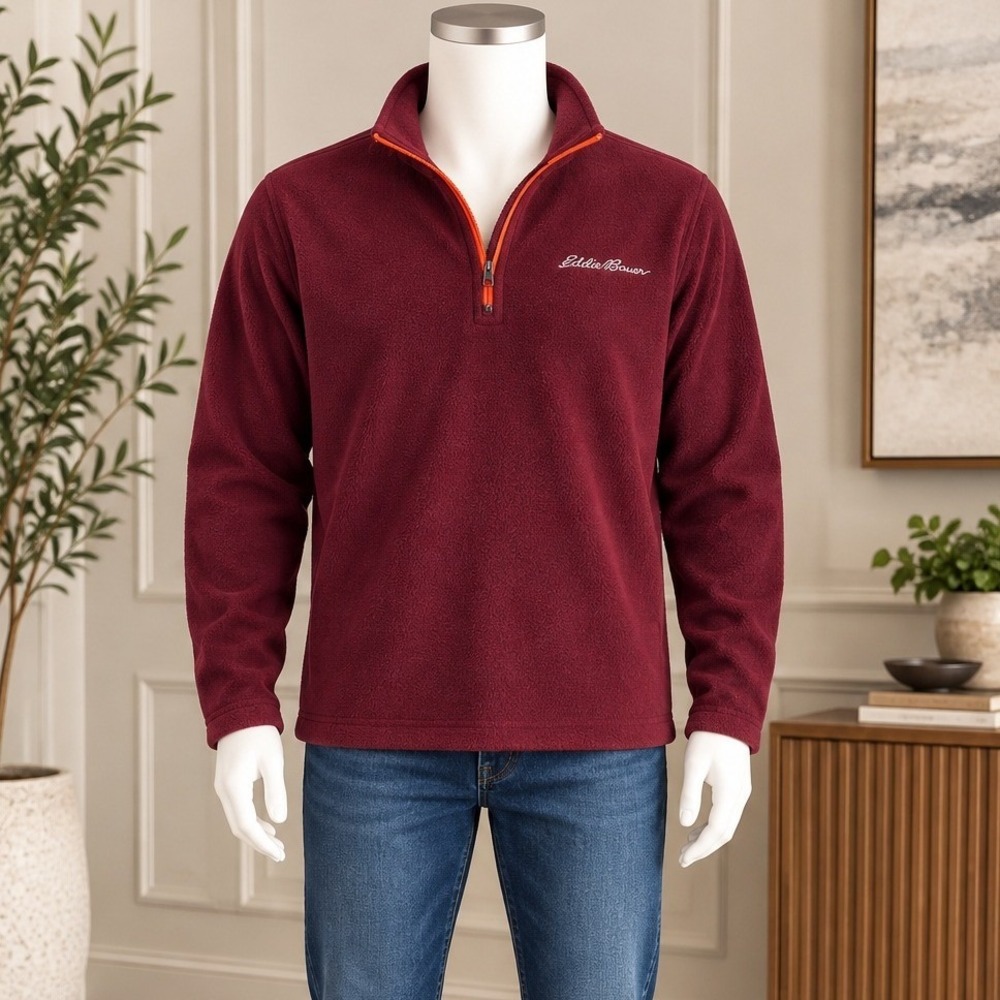 Eddie Bauer Mens Fleece Pullover Quarter Zip Burgundy Orange Trim Size XL